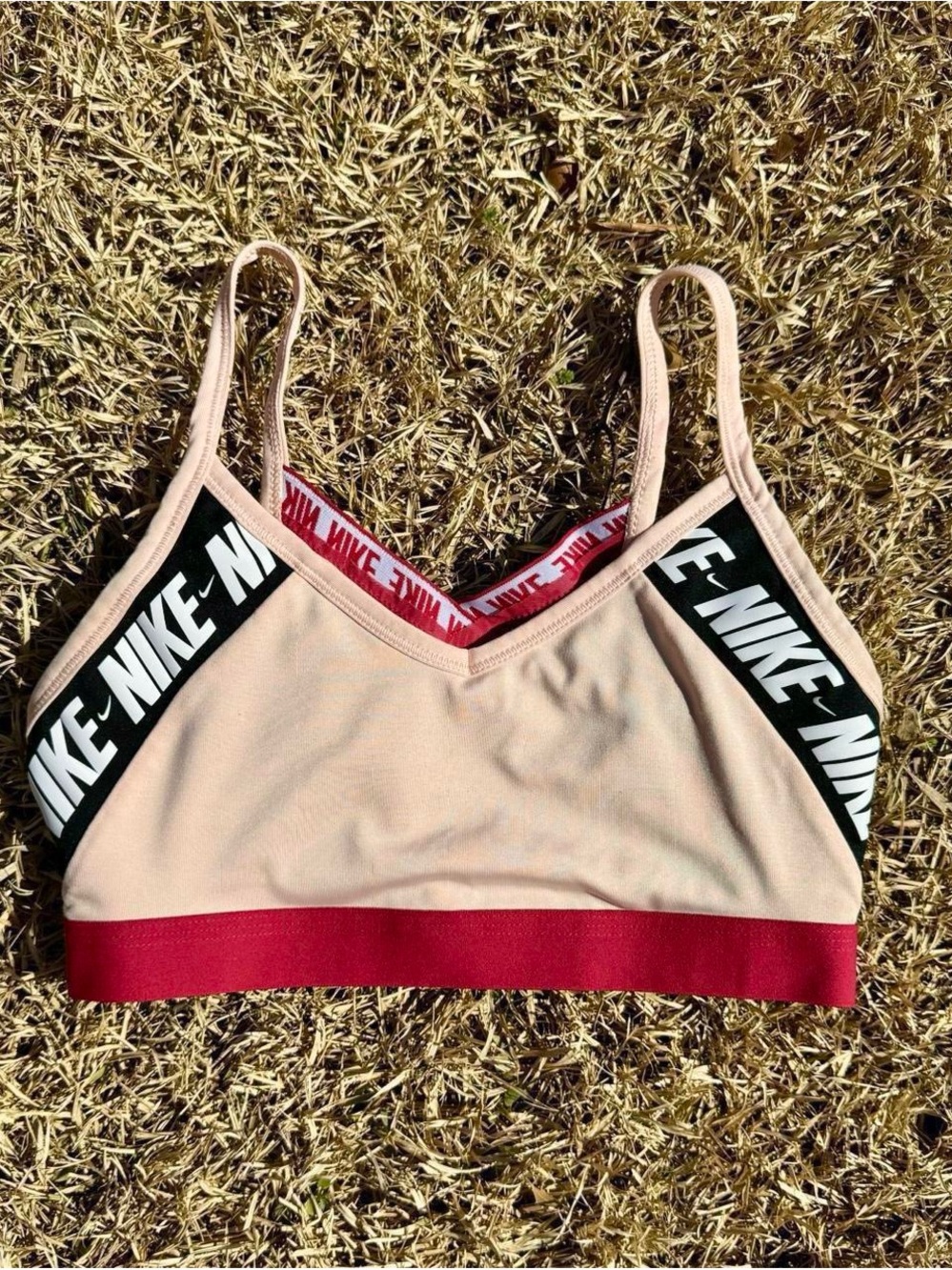 Nike Pink Sports Bralette with Red Band and Black Logo Trim